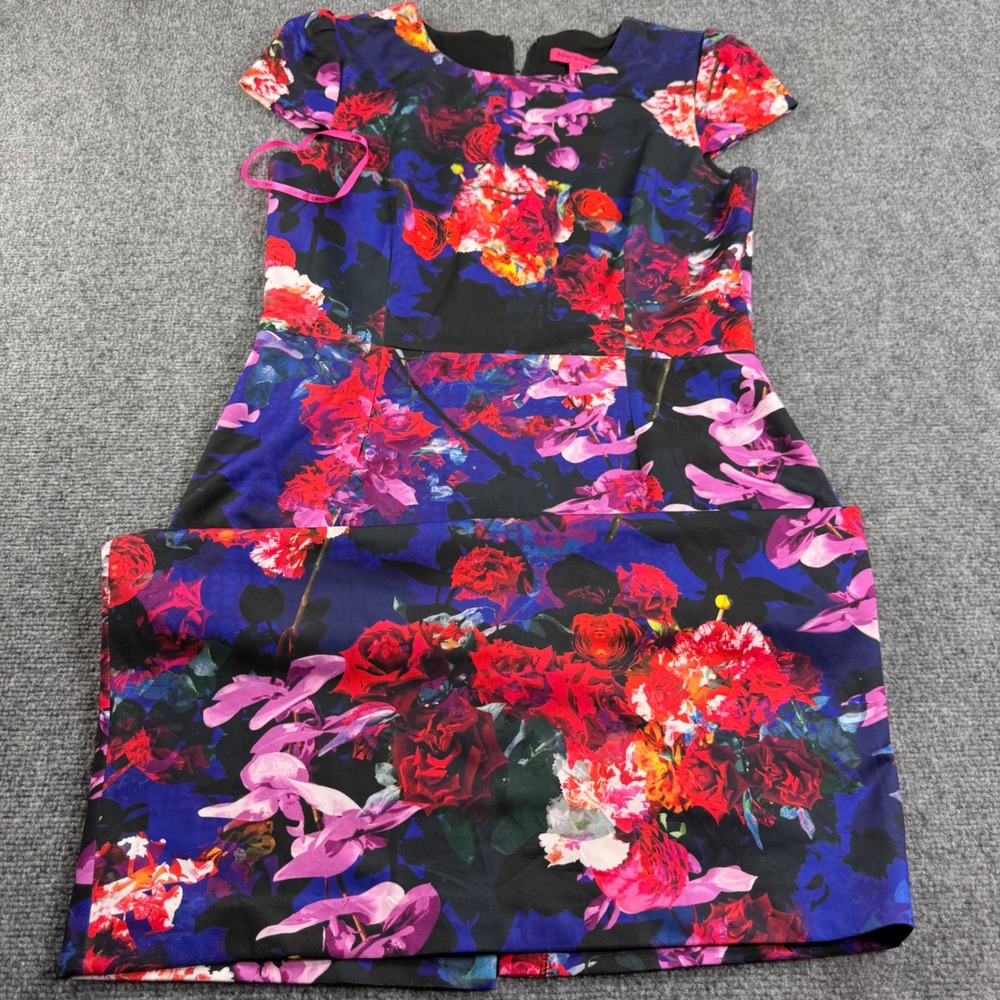 Betsey Johnson Sheath Dress 14 Blue Red Floral Cap Sleeve Scuba Women